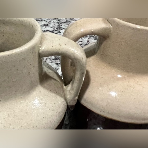 COPY - Two Antique Stoneware Cream/Brown Crock Rustic Farmhouse Milk Pitcher 6” - Picture 5 of 11